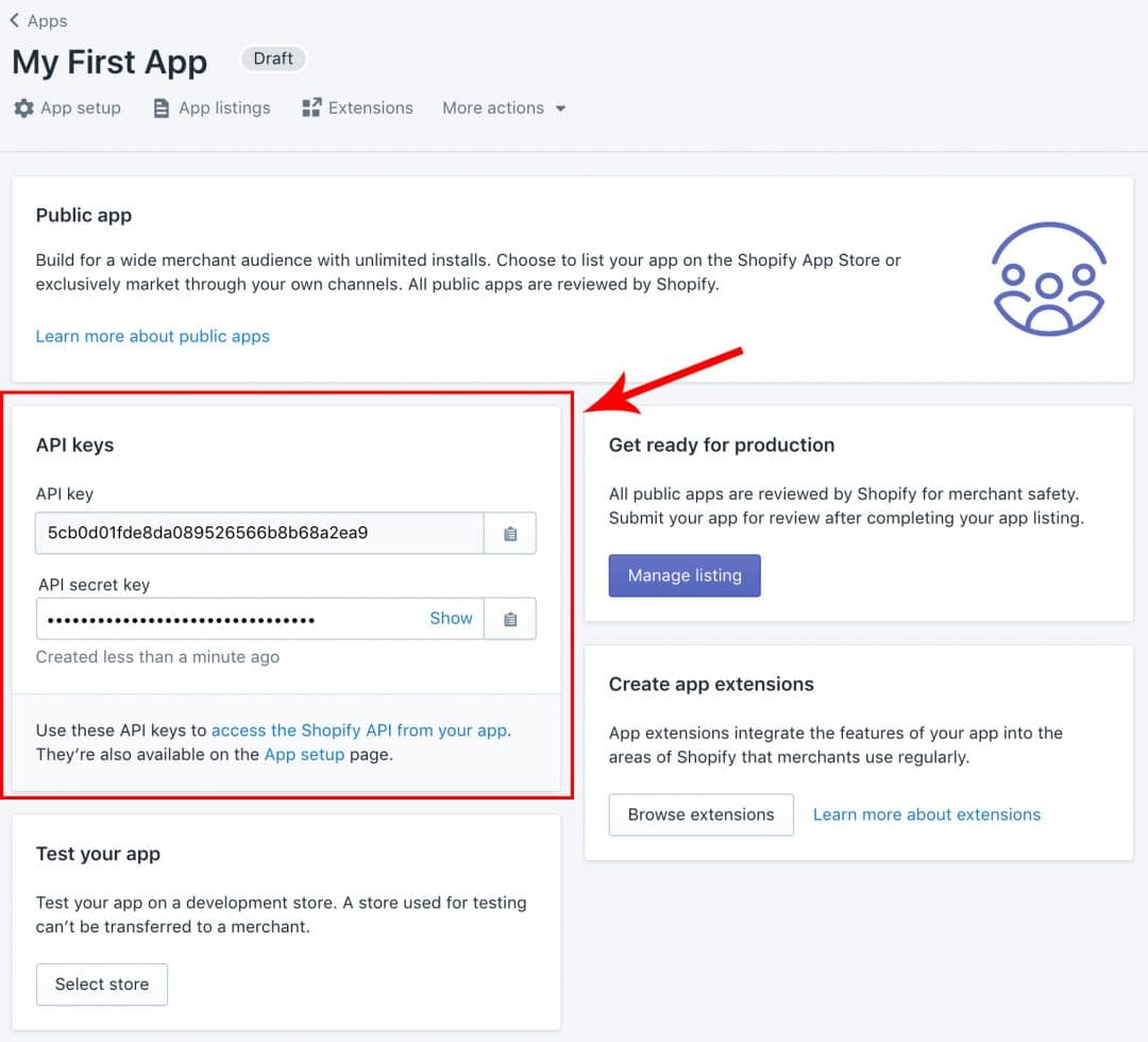Create an in your Shopify partners account - app API keys